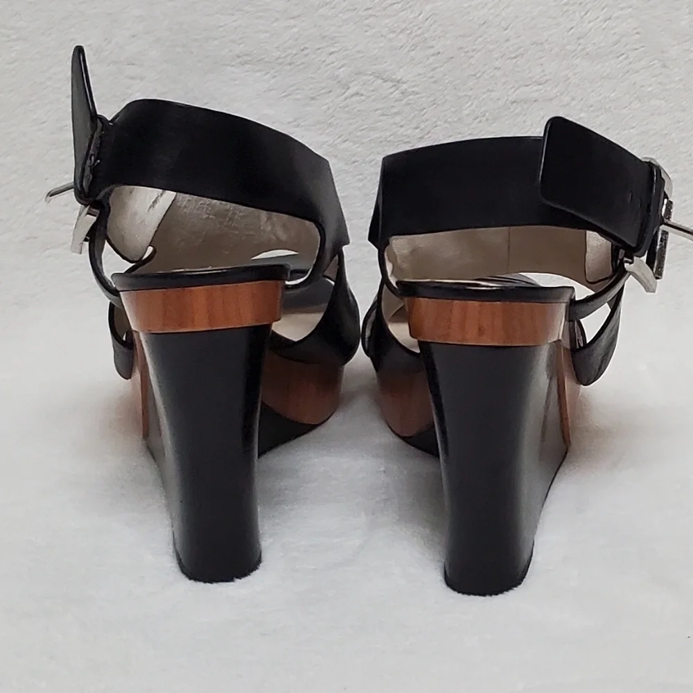 MICHAEL Kors Carla Black Leather Faux Wood Platform Wedge Strappy Sandal 9.5